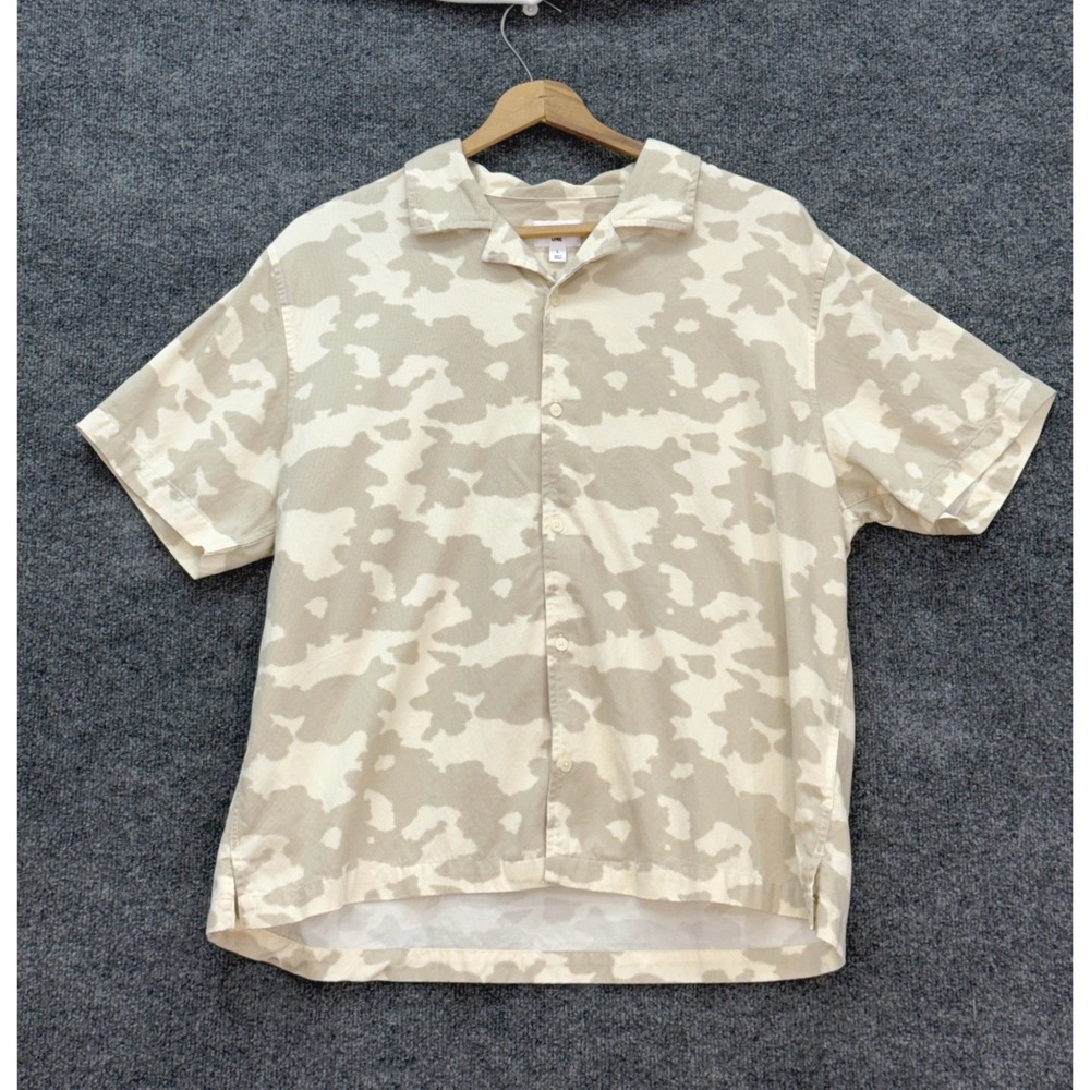 Mode of One Button Down Shirt Mens L Tan Camo Camp Collar Lyocell Cotton Casual
